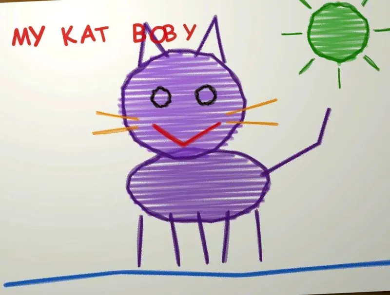 Bobby the five-legged cat, as a storybook page, the original drawing